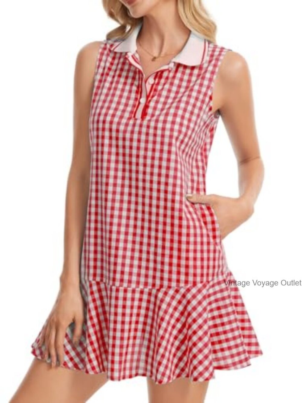 Women's Gingham Polo Dress V Neck Sleeveless Plaid Tennis Dress Ruffled Hem - Picture 2 of 7